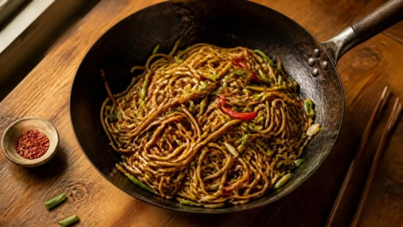 Noodles tossed in a wok