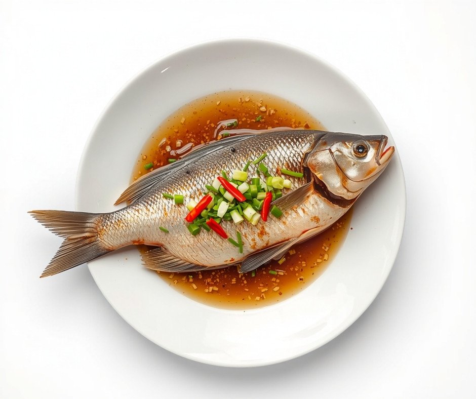 Whole steamed sea bass on a white oval plate, garnished with ginger matchsticks and spring onion, dressed with soy sauce