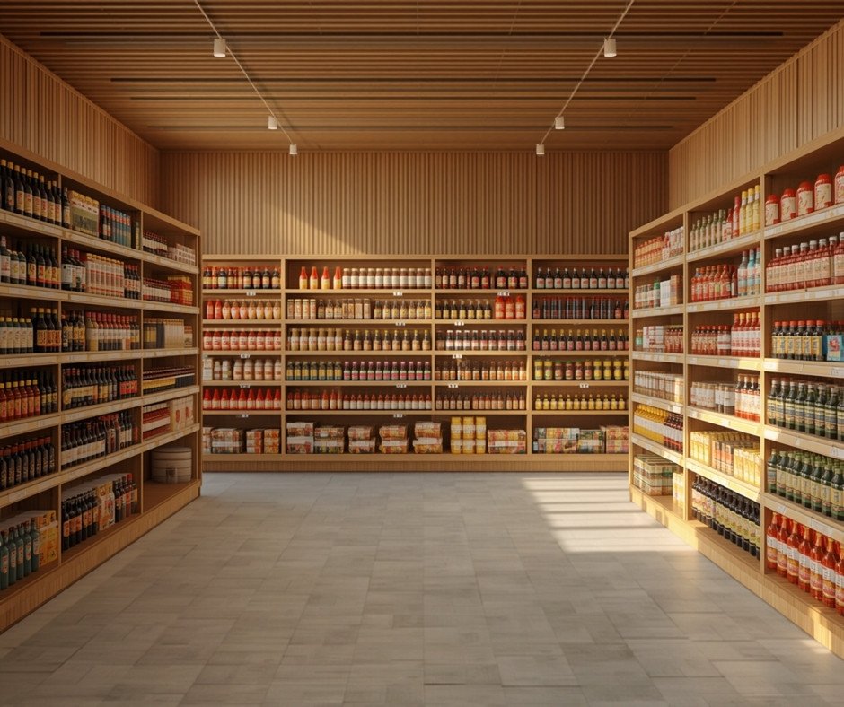 Interior of a well-stocked Asian grocery store with shelves of Japanese and Asian food products